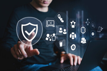 Comprehensive Work Safety and Compliance Concept Image Featuring Essential Icons Like Shields, Helmets, and Checklists for Workplace Health Protocols