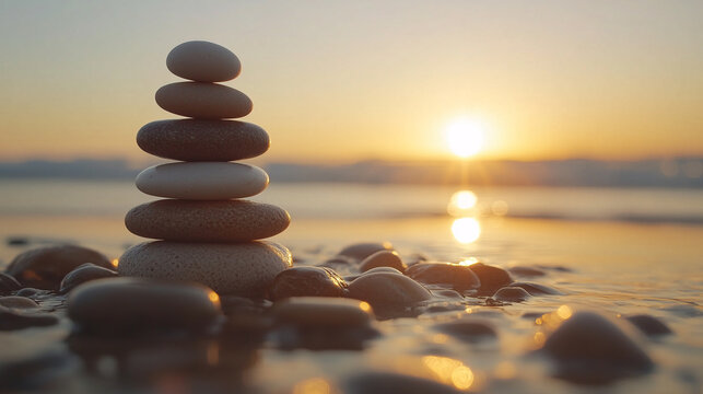stack of pebbles at seaside towards sunset. concept of balance, harmony and meditation