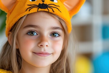 A joyful girl wearing a fuzzy cat ears hat smiles sweetly, bringing a sense of warmth and fun, with soft colors and textures enhancing her playful character.