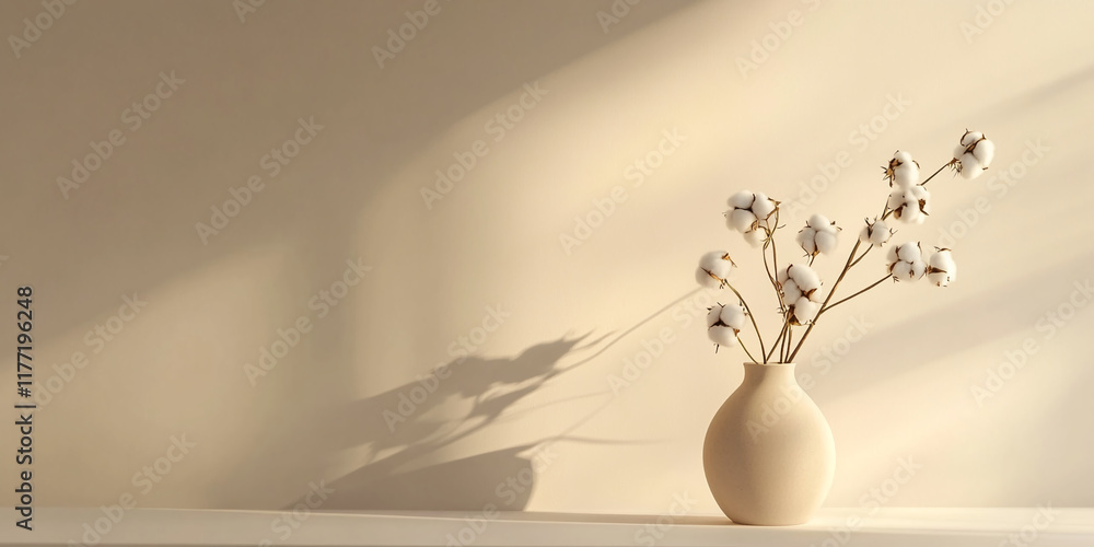 Aufkleber minimalist vase with cotton stems casting shadows in soft light