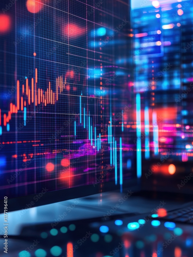 Poster close up of workspace with computer monitor and abstract glowing business chart on blurry grid backg
