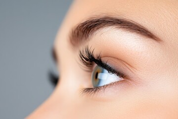 Obraz premium A side profile of an eye bathed in soft light, capturing the delicate features of eyelashes and skin texture, evoking calmness and serenity in this serene composition.