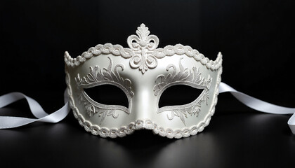 Elegant white carnival mask with intricate embroidery on black background, sophisticated theatrical style, Mardi Gras, Venice