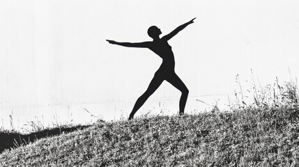 A Striking Silhouette of a Woman in Motion against a Grassy Landscape
