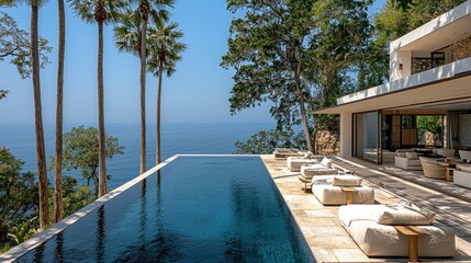 Fototapeta premium Infinity pool overlooking ocean at luxury cliffside villa with palm trees and lounge chairs