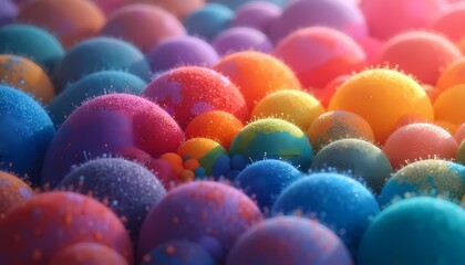 Fototapeta premium Vibrant multicolored spheres with dewdrops in soft lighting.
