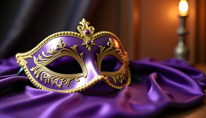 Lavish purple carnival mask embellished with gold details on luxurious fabric, elegant design for Mardi Gras, Venice style