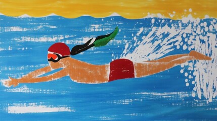 Child Swimming in the Ocean - Colorful Abstract Art