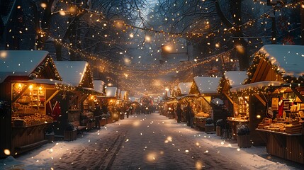 A magical snowy Christmas market with warm lights