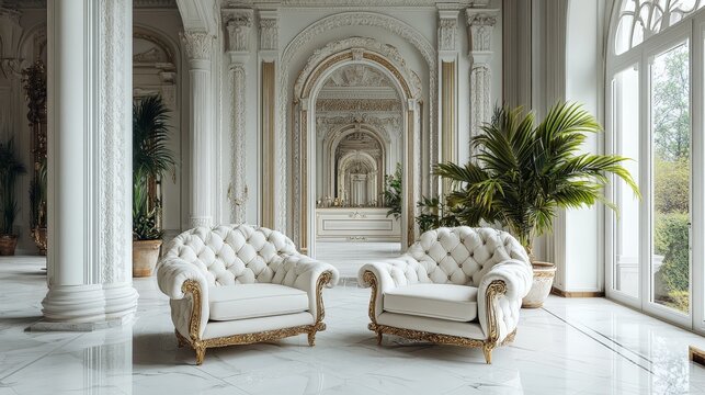 A refined living room with luxurious furniture and neutral tones, perfect for showcasing classic and premium interior designs.
