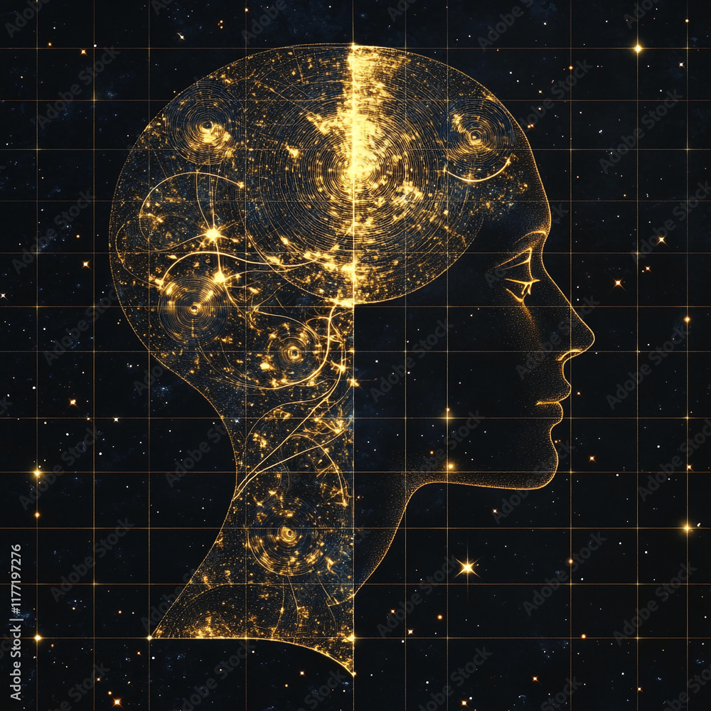 Poster abstract human silhouette with golden neural network and cosmic background