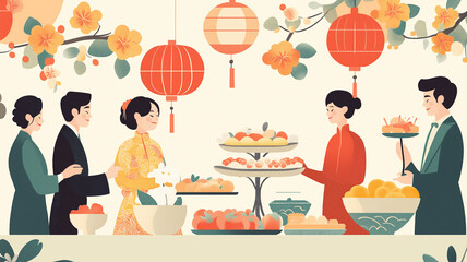 Fototapeta premium Festive Art Deco Lunar New Year gathering with modernized traditional touches 