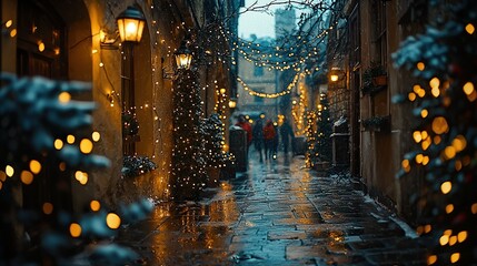 Obraz premium Snowy Christmas alley with lights, people stroll, festive background.