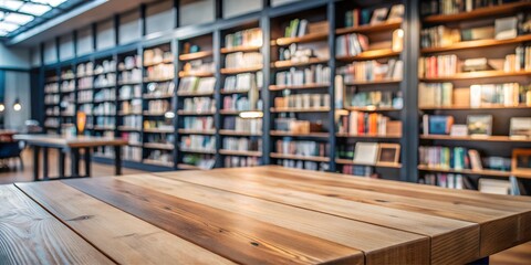 Fototapeta premium Light wooden table top in a contemporary library setting, featuring blurred bookshelves and soft lighting, ideal for showcasing products or design presentations.