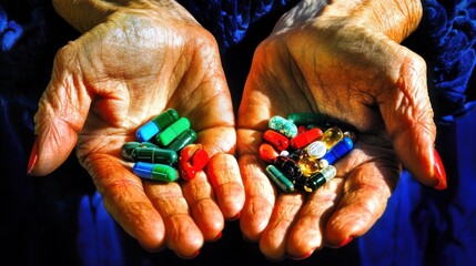 Elderly Hands Holding Colorful Medications - A Touching Depiction of Health Care