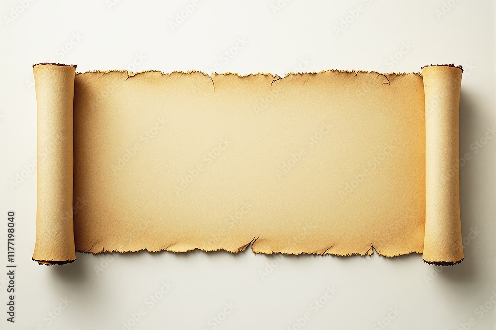 Poster a blank, aged parchment scroll with torn edges, unrolled symmetrically on a light neutral background