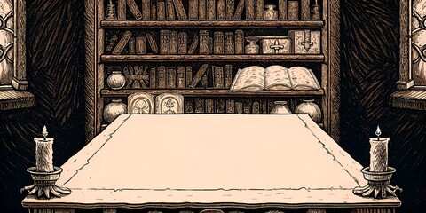 Vintage-style illustration of an antique library table with bookshelves, open books, and two lit candles, evoking a timeless and cozy atmosphere.