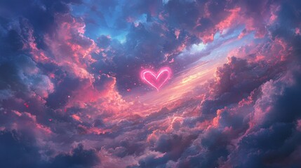 A beautiful Valentine heart shining through clouds, blending vibrant pinks and blues for a romantic ambiance.