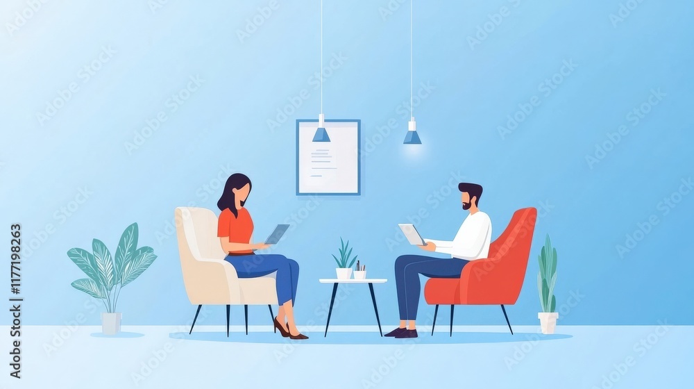 Poster modern workspace illustration featuring two professionals engaging in productive discussion while us