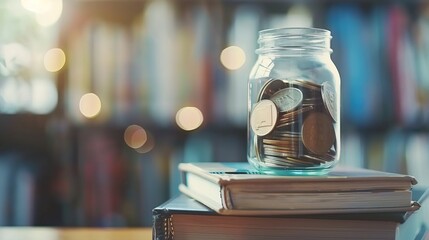 A vibrant transparent jar of coins sits on a stack of books, with a blurred study desk backdrop. Motivational elements represent tuition savings, scholarships, and financial planning