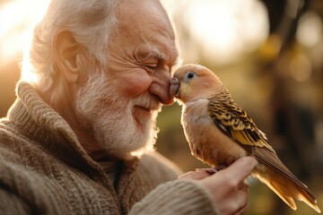 This image captures an elderly man sharing an intimate moment with his cherished bird, showcasing the profound bond between pets and their owners in a warm outdoor setting.