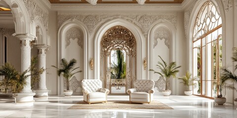 A refined living room with luxurious furniture and neutral tones, perfect for showcasing classic and premium interior designs.