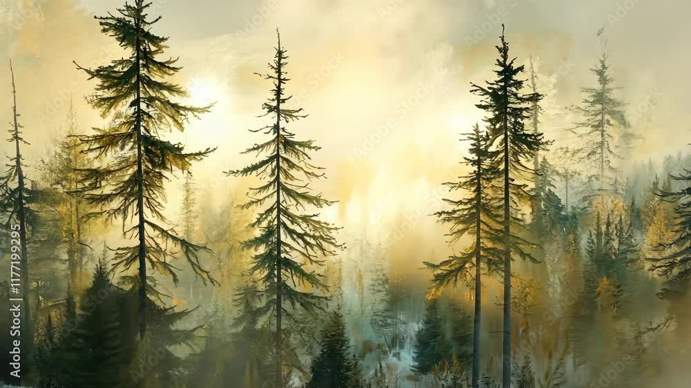 Poster sunlight filters through trees in a misty forest landscape at dawn