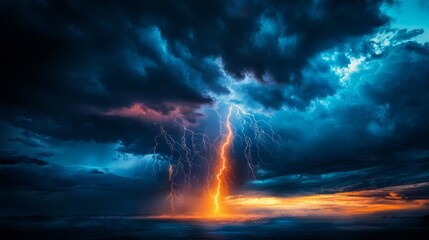 Fototapeta premium A dramatic storm scene featuring dark clouds illuminated by a vivid lightning strike, creating a stunning contrast against the colorful horizon.
