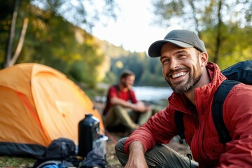A joyful man in a red jacket enjoys a cheerful camping trip near the water with friends, showcasing connection with nature and emotion of happiness in a serene setting.