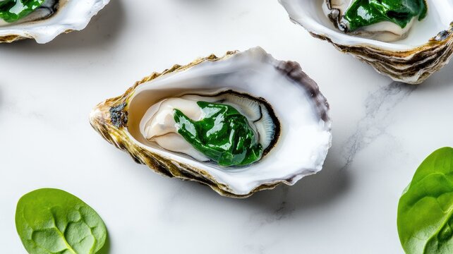 Fresh, opened oyster with herbs, on marble surface, surrounded by spinach leaves