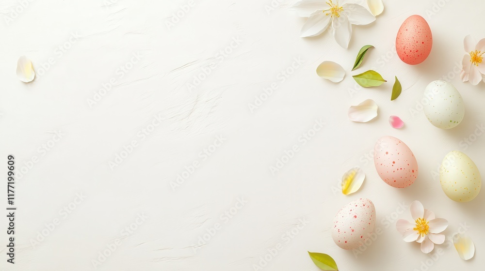 Poster minimal easter decoration colorful eggs and a few flower petals scattered over a solid lightcolored 