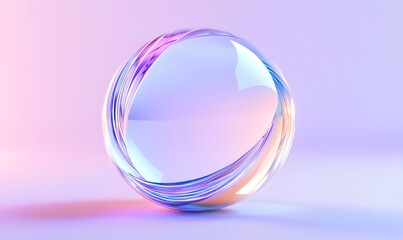 Iridescent glass sphere on pastel background.