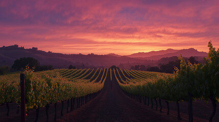 Obraz premium A vineyard at sunset, with rows of grapevines stretching towards the horizon