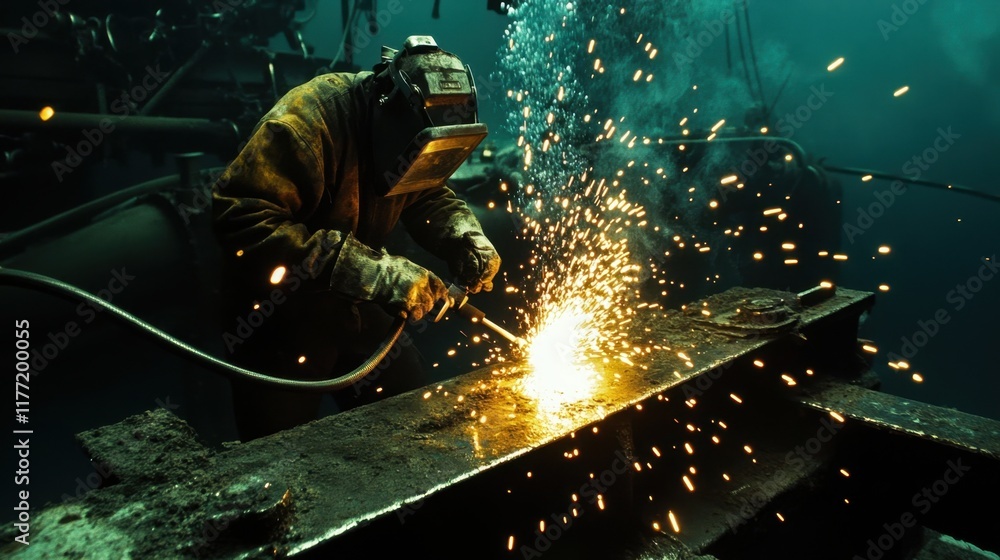Poster skilled welder creating sparks while working in dim light environment