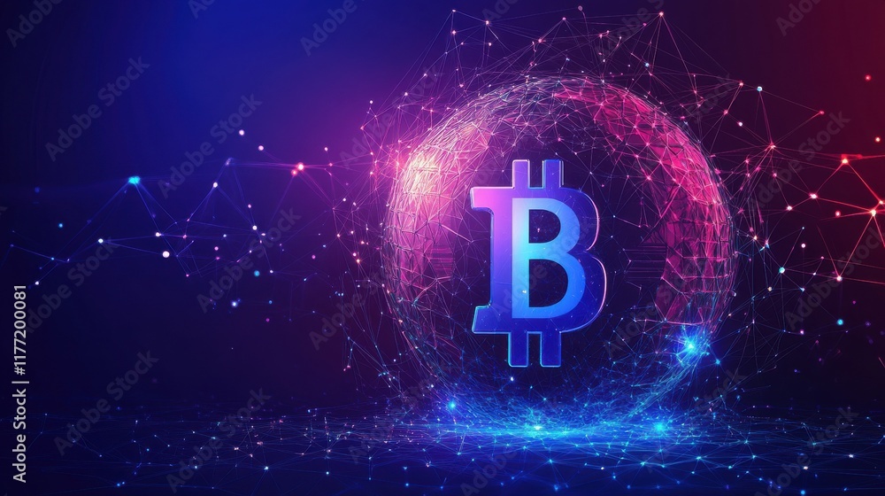 Poster blockchain technology futuristic landing page hero image with world globe and blockchain polygon pee