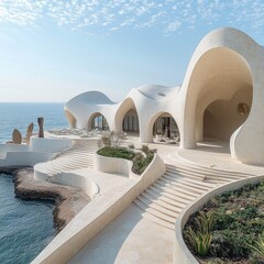 Fototapeta premium White organic architecture seaside resort with ocean view, outdoor seating, sculptures, and landscaped terraces