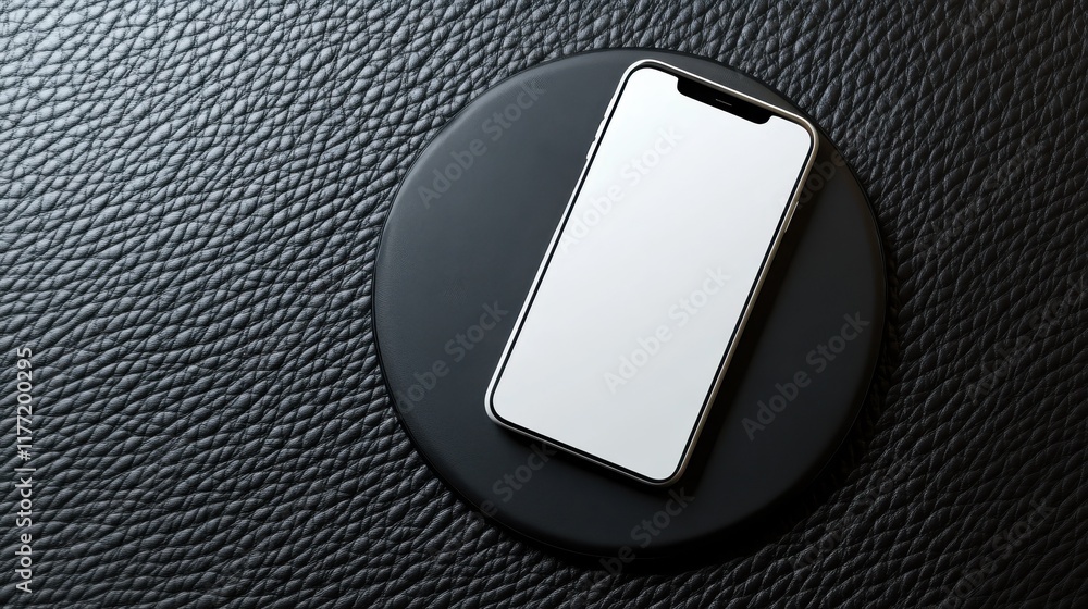 Poster top view of white mock up smartphone on creative black leather circle background. presentation, prod