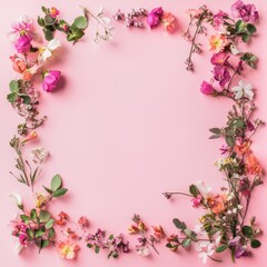 Pastel pink background adorned with a vibrant spring floral frame, elegantly styled for greeting cards or invitations. Flat lay with ample copy space in the center