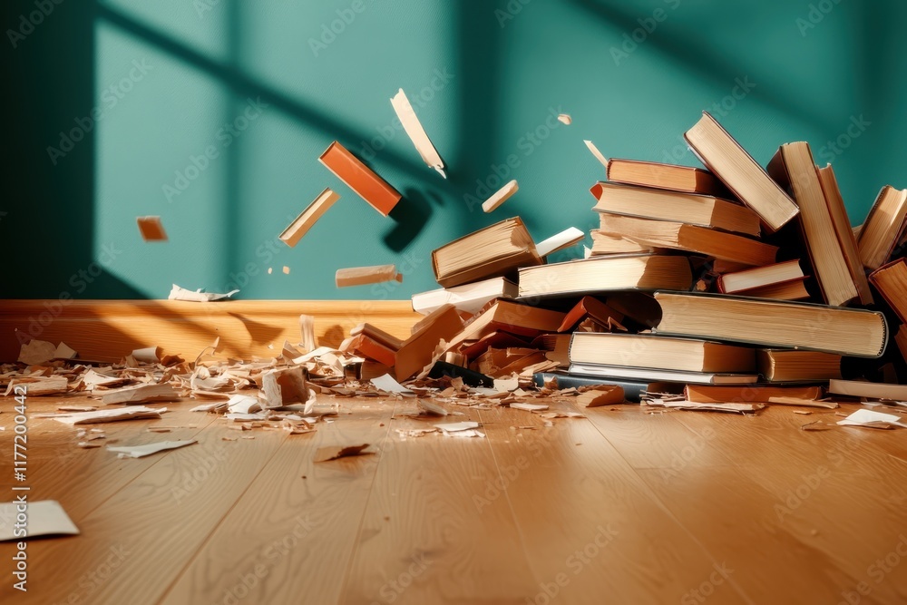 Poster a striking image of a pile of books collapsing in a sunlit room, demonstrating the beauty of chaos a