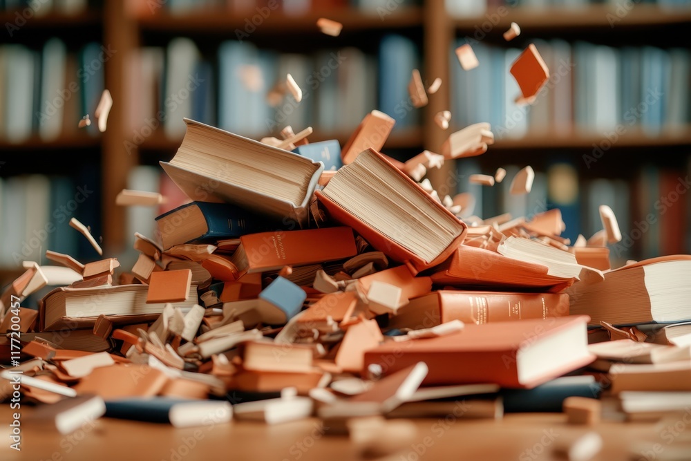 Poster a dynamic scene of books bursting apart in a library setting, capturing chaos and disorder surroundi