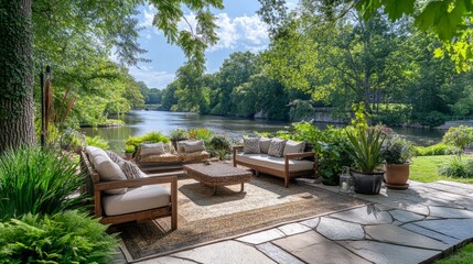Obraz premium Serene patio by the river with cozy seating, lush plants, and a peaceful outdoor space perfect for relaxation