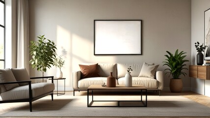 Fototapeta premium A tasteful living area showcases a beige sofa with accent pillows, a minimalist coffee table, and foliage, framed by a large window pouring in natural light