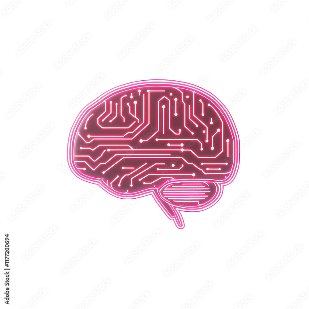 Poster futuristic brain illustration with circuit patterns in neon pink color on black background., isolate