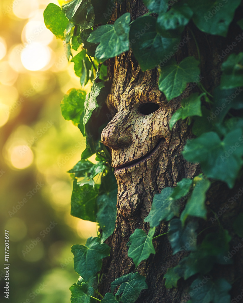 Poster whimsical tree with carved smiling face surrounded by green ivy leaves