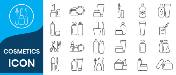 Cosmetic icons collection. Cosmetic icon line. Purifying Cleanse, Gentle Cleanser, Clear Complexion, Cleansing Foam, Refreshing Wash, Micellar Water, Balancing Toner .  Vector illustration.