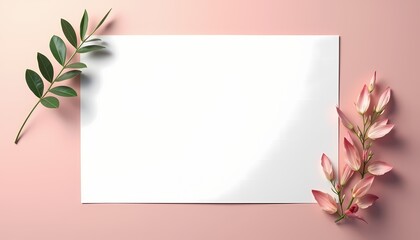 Blank Card with Leaves on Pink Background