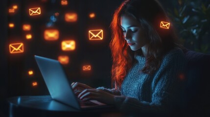 Woman with Laptop in Dark Room Surrounded by Email Notifications
