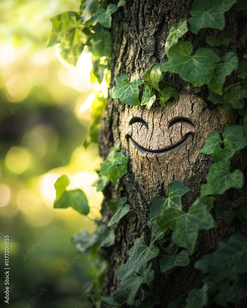 Poster tree trunk with a carved smiling face covered in lush green ivy leaves