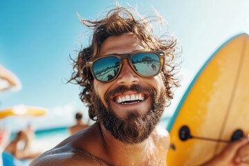 A joyful young man smiles broadly with sunglasses, holding a surfboard by the beach, capturing the essence of summer fun and carefree beach life.