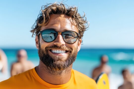 A smiling young man wearing sunglasses and an orange shirt holds a surfboard, embodying the lively spirit of summer at the beach with waves in the background.